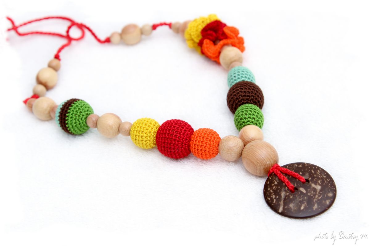 Colorful Nursing/breastfeeding Necklace - Teething Toy With A Coconut Button - Crochet Sling Necklace