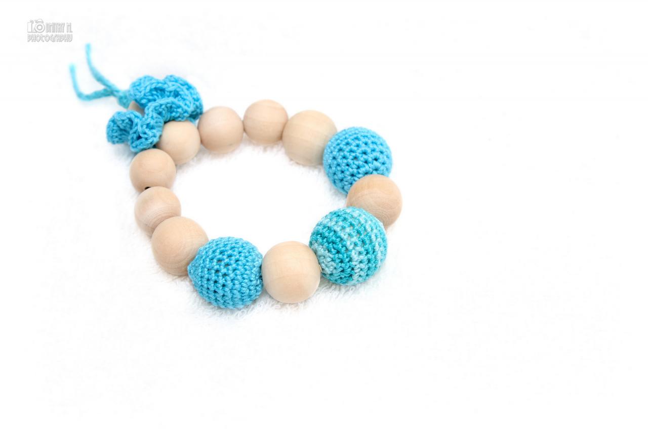 Aqua Blue And Turquoise Baby Teething Toy With Crochet Wooden Beads