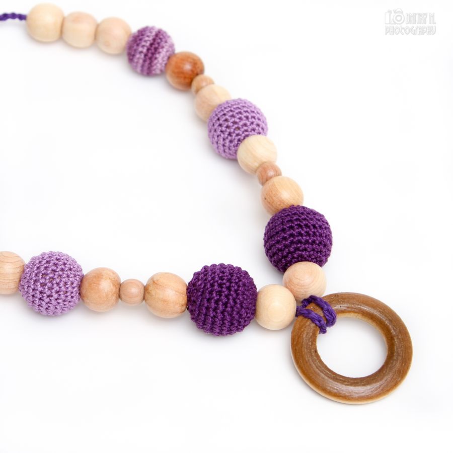 Eco - friendly Nursing Juniper Necklace/Teething necklace - Breastfeeding. Teething toy with wooden ring - purple, lavender, lilac.