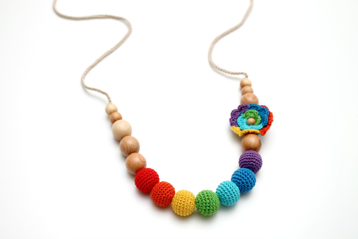 Crochet Rainbow Juniper Nursing Necklace with rainbow crochet flower - Woldorf toy Spring accessory